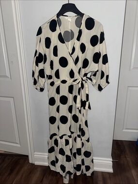 Polka Dot Wrap Maxi Dress - Black on Cream
